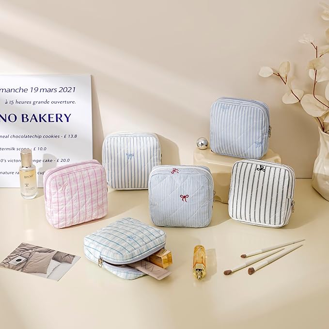 Small Quilted Striped Cosmetic Pouch for Purse, Mini Cotton Makeup Bag with Compartments, Cute Zipper Lipstick Holder for Women (25 Blue Checkered Stripes)