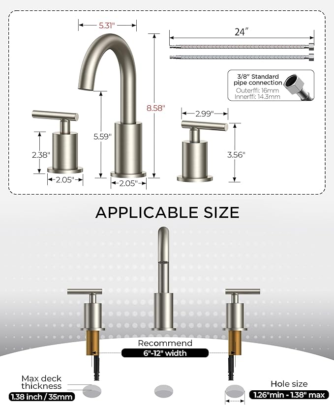 FORIOUS 2 Pack Brushed Nickel Bathroom Faucet 3 Hole with Pop Up Drain and 24" Supply Hose, 2 Handle 8 in Widespread 3 Hole Vanity Faucet for Bathroom Sink Brush Nickel with 360° Swivel Spout