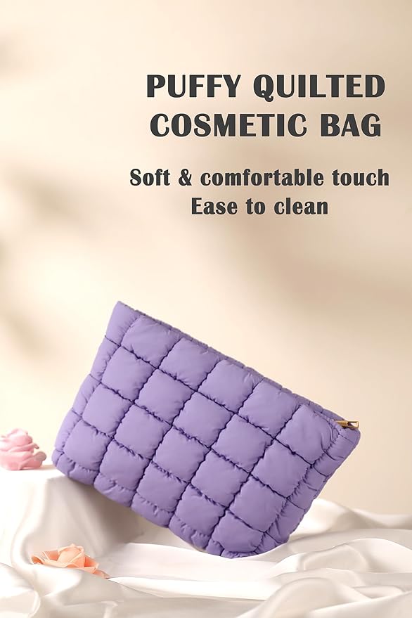 Puffy Quilted Makeup Bag for Women, Cosmetic Bag, Travel Toiletry Organizer Pouch Clutch (purple)