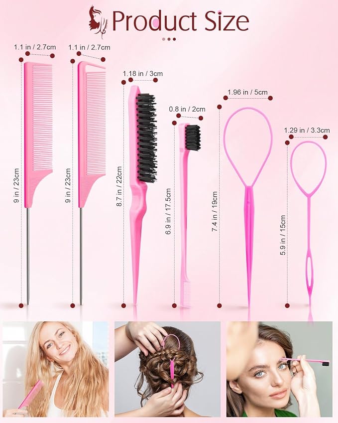 Aigee 8Pcs Hair Styling Combs Set Include 4Pcs Topsy Hair Tail Tools 2 Styles of Rat Tail Comb,1Pcs Bristle Teasing Slick Back hair Brush,1Pcs Edge Control Brush,Eyebrow Brush for Woman Girl Pink