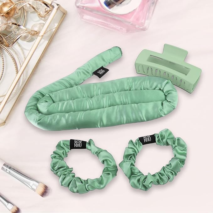 KAV 100% Mulberry Silk Heatless Curling Rod Headband Set with Clip & Scrunchies – Overnight Heatless Hair Curler for Women, No Heat Damage, Soft Hair Roller for Natural Curls & Waves