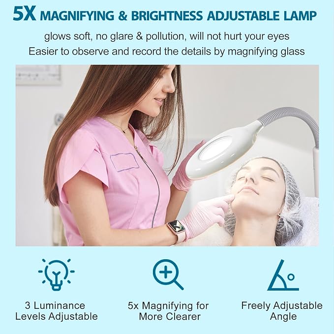 Professional 3 in 1 Facial Steamer, Stand on Wheels with 5X LED Magnifying Lamp, Use at Home or Salon SPA Esthetician with hot and Cold Nozzle for Skin Deep Clean