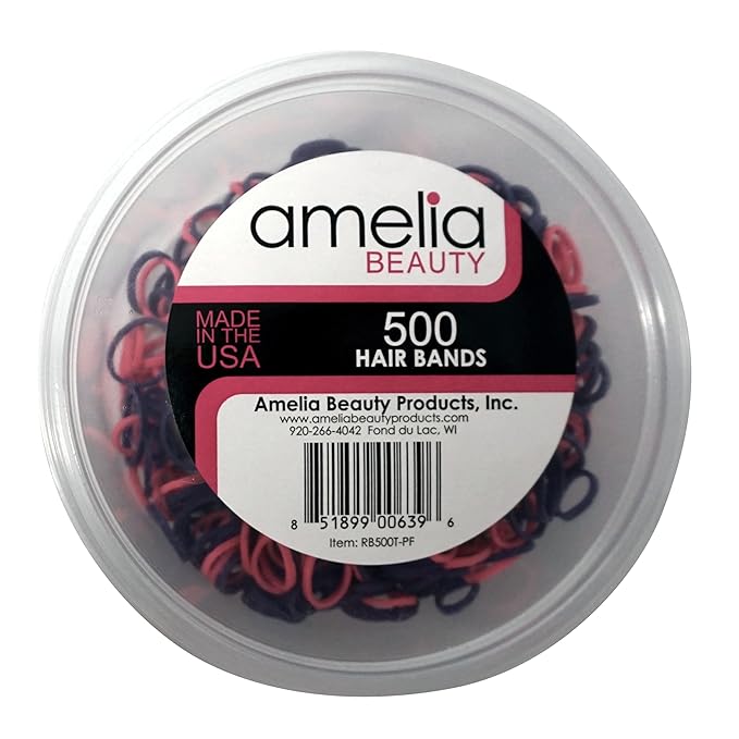 Amelia Beauty | 500 Count 1/2" Rubber Bands | Premium US Made Rubber Hair Ties | Ideal for Ponytails, Braids & Beards | Strong All Day Hold | Convenient Re-closable Container | Purple and Fuchsia Mix