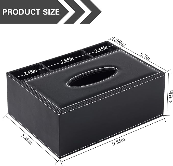 Multifunction PU Leather Tissue Box Cover Rectangular Upgrade Large Size Stationery Napkin Remote Control Holder Storage Box,Facial Tissue Dispenser Desk Organizer Caddy Home Office Supplies (Black)