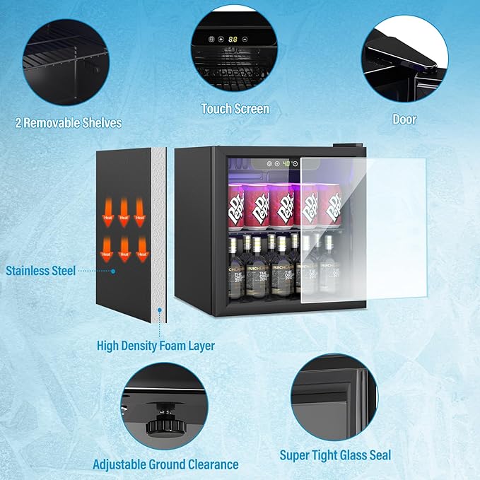 Compact Beverage Refrigerator,60 Can/1.3 Cubic Feet Fridge with Glass Front Door for Soda, Beer or Wine, Under Counter Small Refrigerator with Adjustable Shelve & Digital Display