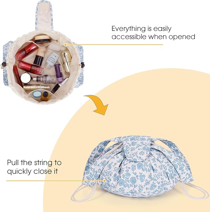 Narwey Lay Flat Open Drawstring Makeup Bag, Large Floral Cosmetic Bag for Women Girls, Cute Make up Bags with Handle, Travel Toiletry Bag for Skincare, Brushes & Travel Essentials (Blue Flower)