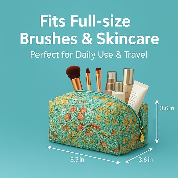 Floral Quilted Cotton Makeup Bag for Women, Large Capacity Travel Cosmetic Pouch with Zipper, Cute Toiletry & Brush Organizer, Kawaii Makeup Storage Case – Garden Light Blue