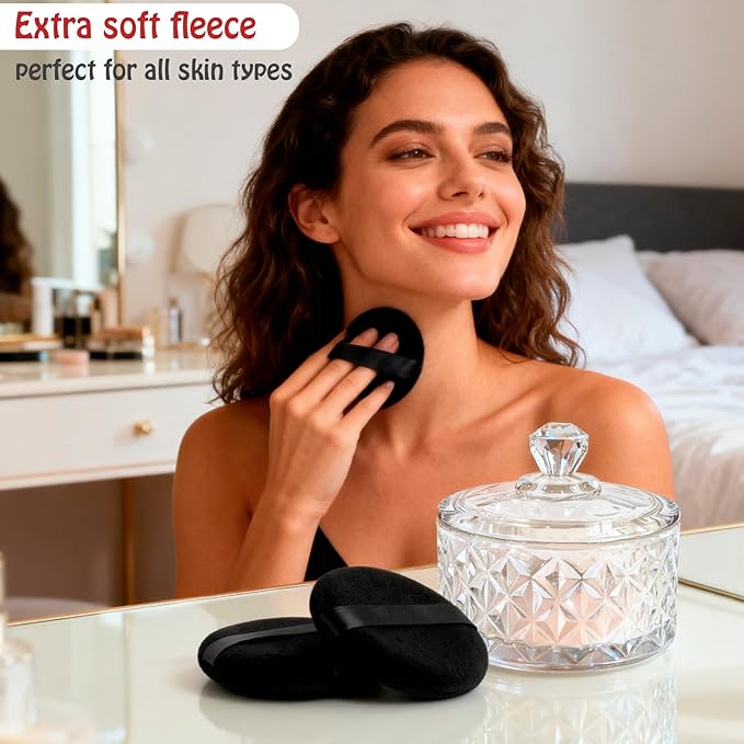 Large Body Powder Puff and Container - 2 Powder Puffs for Women Bath and Face Dusting Powder, Makeup Setting Powder Applicator for Talcum or Loose Powder (Black)