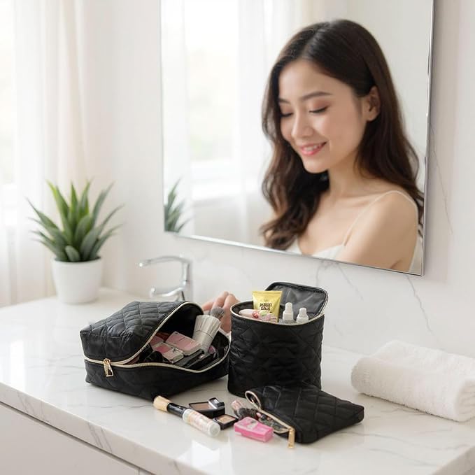 Emma & Chloe Travel Toiletry Bags for Women, 5 Piece Waterproof Cosmetic Case, Bag, Pouch Makeup Organizer Set for Women, Home Counters (Quilted Black Hearts)