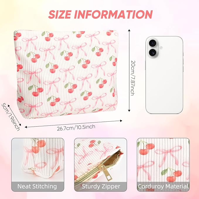 Cute Cherry Makeup Pouch for Women Small Make Up Bag for Purse Zipper Initial Makeup Cosmetic Bags Pouches for Purse Aesthetic Travel Toiletry Bags, Pink Cherries Bows