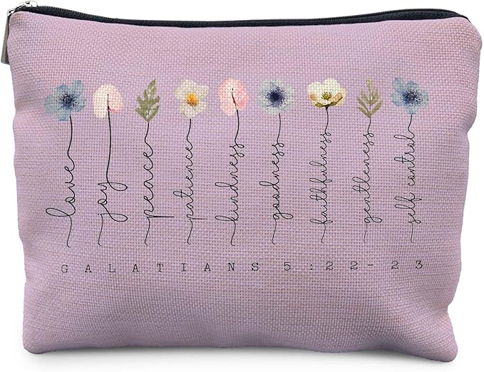 Christian Gifts Makeup Bag, Floral Christian Cosmetic Bags for Women, Galatians 5:22-23 Bible Verse Makeup Pouch, Faith Based Gifts Zipper Pouch（purple