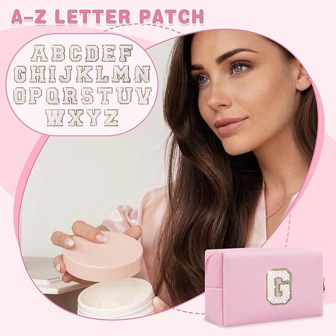 Small Personalized Initial A-Z Patch Makeup Bag,Pink Cute PU Leather Glitter Letter Cosmetic Bag for Teen Girls,Travel Toiletry Bag with Zipper,Preppy Monogrammed Birthday Gift for Daughter Niece G