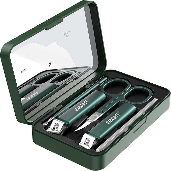 Nice 5-in-1 Premium Grooming Set: Nail Clipper, File, Ear Pick, Facial Hair Scissors, and Mirror in Elegant Storage Box - Manicure Pedicure Kit With Slant Edge Toenail Clipper