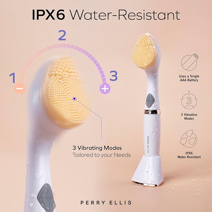 Perry Ellis 3-in-1 Silicone Face Wash Brush with Makeup Applicator & Metallic Massage Plate, Electric Vibrating Facial Cleanser, IPX6 Water-Resistant Skin Care Tool with Stand