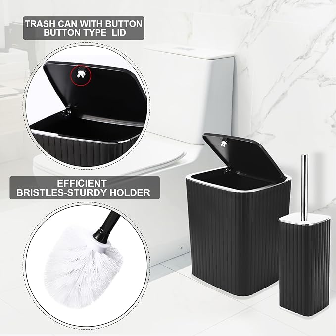 Bathroom Accessories Set - Gorgeous Bathroom Set, 10PC Black Bathroom Accessory Set, Toilet Brush, Trash Can, Qtip Holder & Soap Dispenser