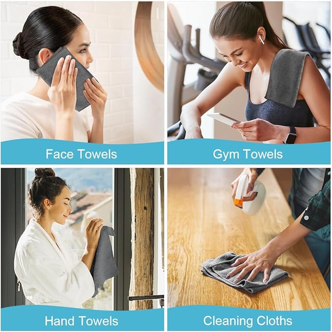 Orighty Washcloths, 20 Pack Microfiber Face Towels, Highly Absorbent and Soft Feel Wash Cloths & Hand Towels for Bathroom, Hotel, Spa, and Gym, 11.5x11.5 Inch, Grey