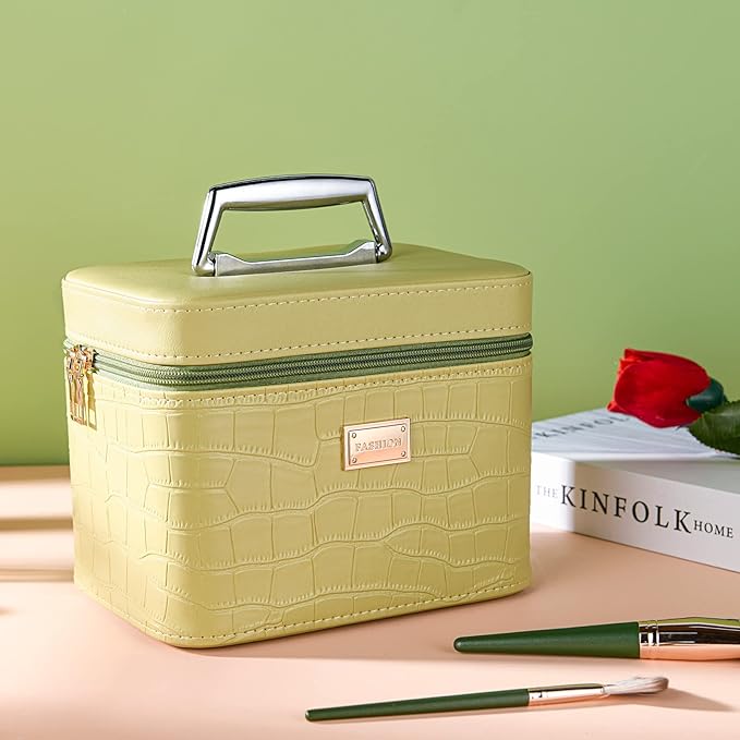 Fashion makeup box, Portable leather hard cosmetic case with mirror, Professional train case make up box for women adults. (Green)