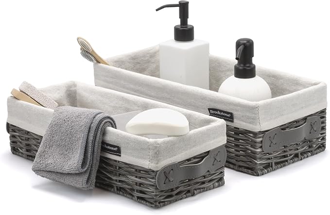Brookstone Wicker Shelf Storage Basket Decorative Shelf Bin, bathroom organizers and storage, Boho Living Room Decor, Summer Storage 2025-2 Piece Set