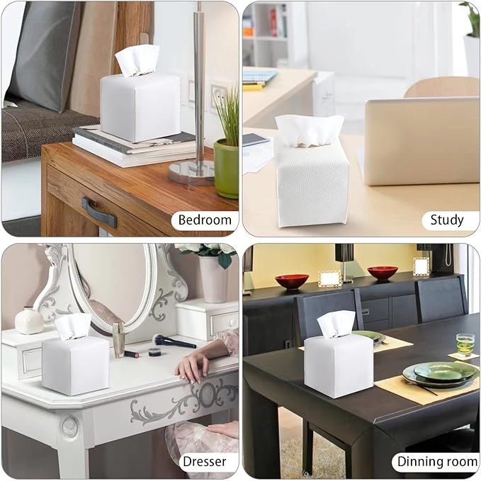 2 Pack, VIVIDLY Tissue Box Cover Holder, Square Modern PU Leather Tissue Box Holder, Can be Used for Bathroom Dressing Table, Bedside Table, Office Desk & Car 5"X5"X5"- (White, 2)