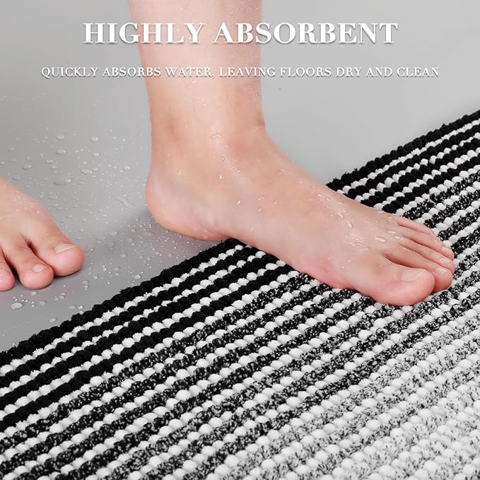BSICPRO Bathroom Rugs and Mats Sets, 2 Piece Thick Absorbent Chenille Bath Mat Rug Set Non Slip, Soft Shaggy Bath Room Floor Mats for Bathroom, Machine Washable (Black, 20" x 47" Plus 20" x 32")