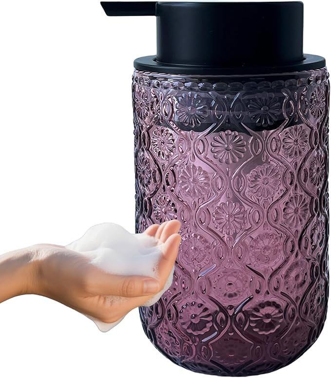 Foaming Hand Soap Dispenser,Vintage Glass Soap and Lotion Dispenser for Bathroom,Kitchen Dish Soap Dispenser with Black Foam Pump (Pink Begonia flowerr+Black Lid)