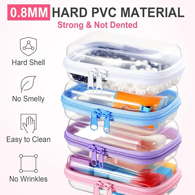Hoolerry 4 Pcs Hard Clear Zipper Case Makeup Bags Plastic Zipper Pouch Transparent Storage Box Containers for Cosmetics, Snacks, Building Blocks, Puzzles(Clear,5 x 3 x 2 in,Multicolor)