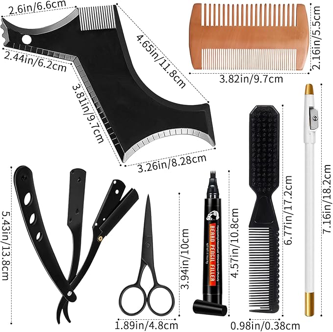 Beard Shaper for Men Beard Shaping Tools - Gifts for Men Beard Template Guide, Straight Edge Razor, 10 PCS Double Edge Blade, Barber Pencil, Beard Comb, Stainless Steel Scissor Mustache Lineup Tools