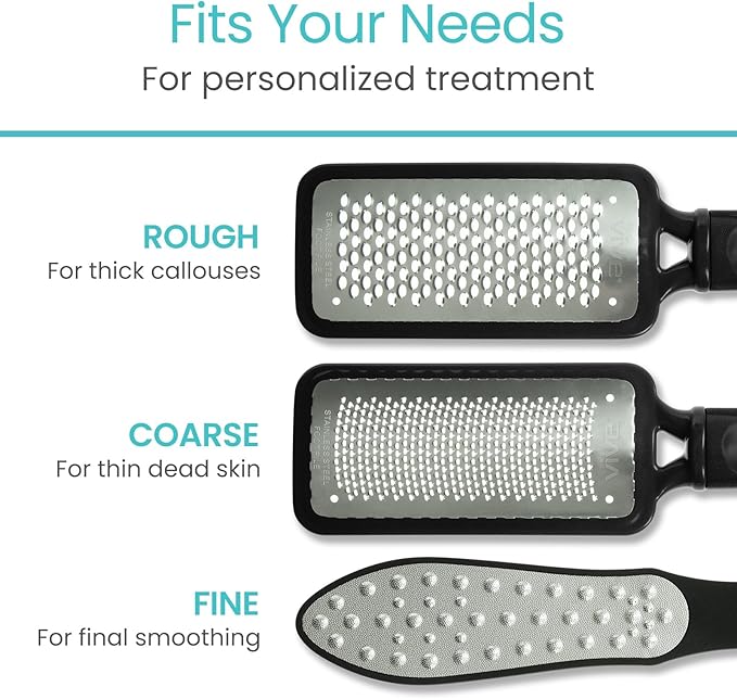 Vive Foot File (3 Pack) - Feet Scraper for Dead Skin - Heel Grater, Callus Remover Scrubber Tool, Rasp for Cracked Heels - Stainless Steel Pedicure Filer for Men & Women - Use on Wet or Dry Skin
