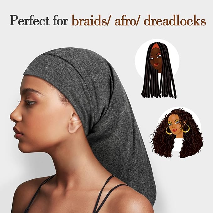 Fittia Long XL Silk Satin Bonnet for Braids, Dreadlocks for Curly Hair Sleeping, Large Silk Sleep Cap for Black Women Men Frizzy Hair