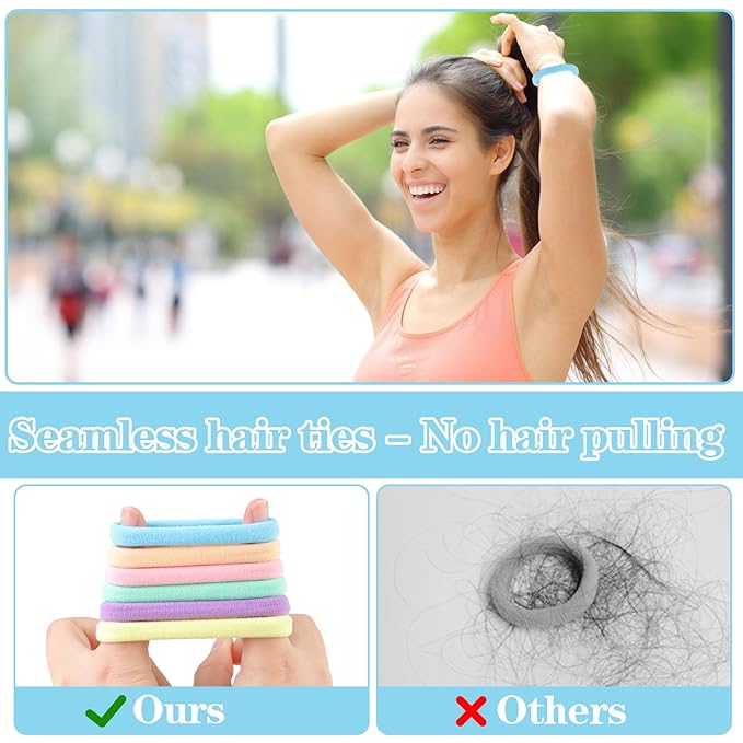 100PCS Hair Ties for Women, Seamless Cotton Elastic Hair Bands No Damage, Thick Ponytail Holders for Girls, Women - Soft Hair Ties (6 Colors)