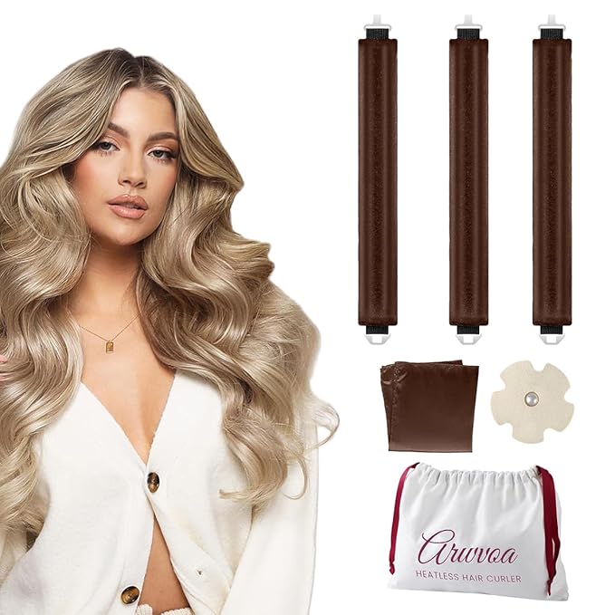 Heatless Curls Overnight Heatless Hair Curler Heatless Blowout with Luxury White Bag Silk Scarf, Curling Rod to Sleep in No Heat Curling Headband, (Brown 3PC)