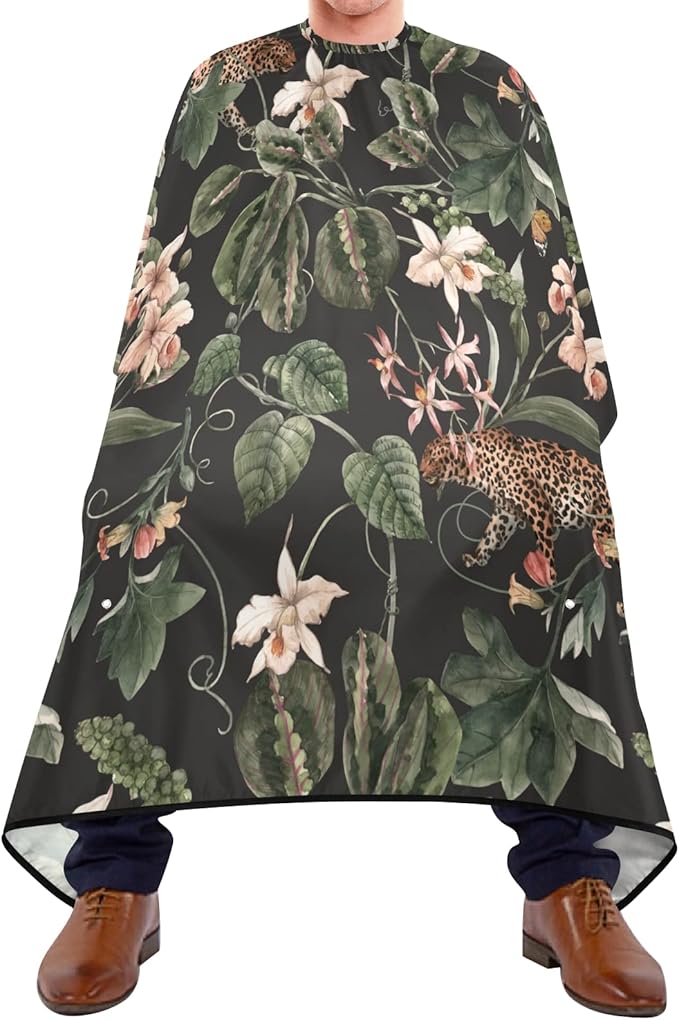 ALAZA Flower Green Leaves Butterfly Leopard Barber Cape for Men Women, Waterproof Haircut Apron Beard Shaving Bib Hair Cutting Cloth 55 x 65 Inch