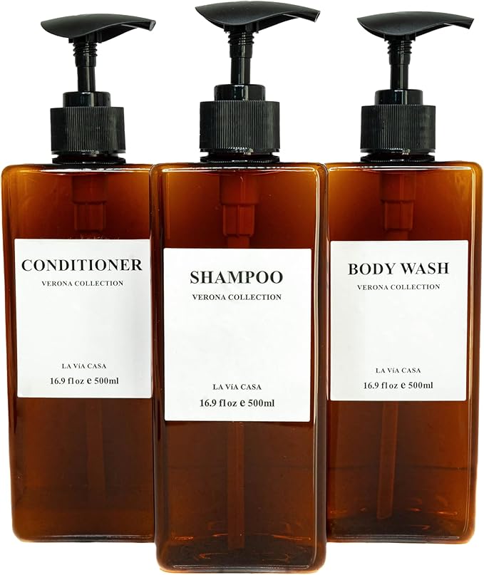 Shampoo and Conditioner Dispenser | 3 Plastic Amber | Shampoo Dispenser with Waterproof Labels | Shower Bottles Refillable with Pump (Without Wall Mount)