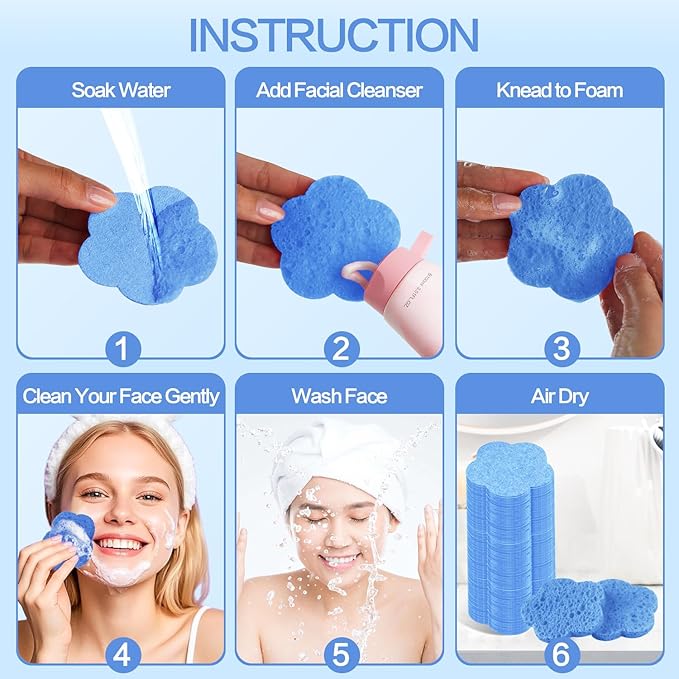50-Count Facial Sponges, Natural, Blue, Modern Style, Reusable, Exfoliating, Cleansing, Makeup Removal, Travel-Friendly, Gift for Her