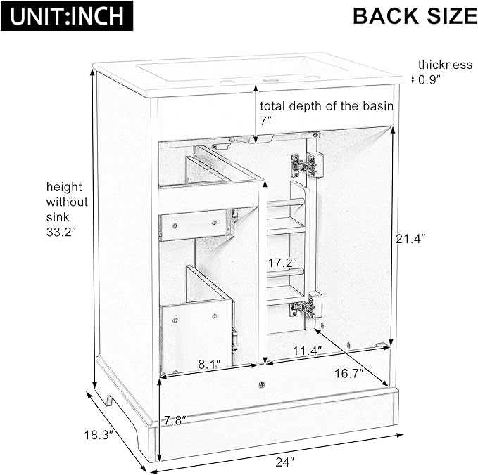Harper & Bright Designs 24" Bathroom Vanity with Sink, Free Standing Bathroom Vanity Set with Flip Drawer, 2 Drawers, and Storage Rack, Wood Storage Cabinet with Ceramic Basin for Bathroom, White