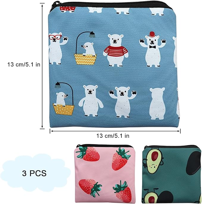 Sanitary Napkin Storage Bag,3pack Sanitary Napkin Pads Storage Bag with Zipper 5x5 inches First Period Bag for Girls,Women,Ladies(Strawberry)