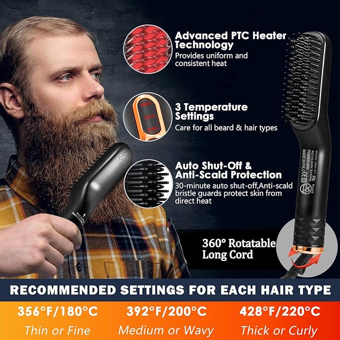 Beard Straightener for Men w/Beard Oil, Balm, Comb & E-Book for All Beard Type,w/Dual Voltage Travel-Friendly,Auto Shut-Off,Anti-Scald Feature Heated Straightening Brush Kit,Unique Gifts for Men Him