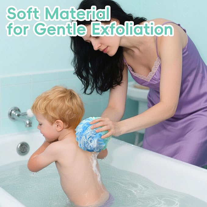 Shower Loofah 4PCS Soft Bath Body Sponge 60g Loofa Set Thick Wash Puffs for Women and Men (Purple-Blue-Green-Mixed)