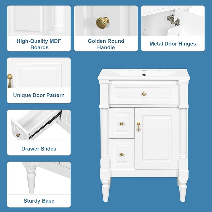 Harper & Bright Designs 24" Bathroom Vanity with Sink, Free Standing Bathroom Vanity Set with Flip Drawer, 2 Drawers, and Adjustable Shelf, Wood Storage Cabinet with Ceramic Basin for Bathroom, White