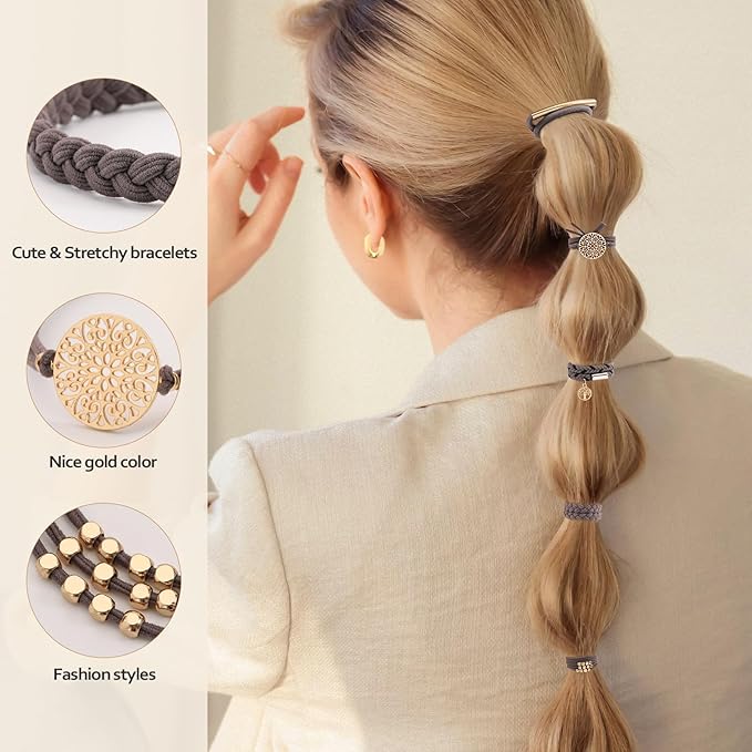 10 PCS Boho Hair Ties - No-Damage, 5 Styles for Thick & Thin Hair, Cute Stretch Bracelets, Braided Ponytail Holders, Grey
