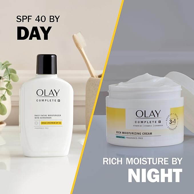 Olay Face Moisturizer,Complete+ Rich Moisturizing Cream-Fragrance-Free,Gentle for Dry&Sensitive Skin,3-in-1 Hydrating to Strengthen,Nourish,Renew-Niacinamide,Vitamin E,&Ceramides,8.5 oz,(Pack of 2)