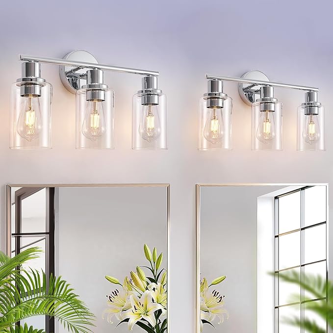 DLLT 3-Light Bathroom Light Fixtures: Chrome Modern Vanity Lights with Clear Glass Shade - Bathroom Wall Lamp for Mirror Kitchen Living Room - 2 Packs