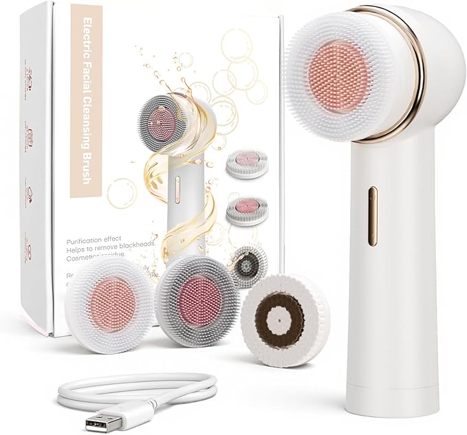 Teen Girls Electric Facial Cleansing Brush – Rechargeable Waterproof Dual Rotating Face Scrubber with 3 Interchangeable Heads, Soft Silicone Exfoliator, Perfect Skincare Gifts