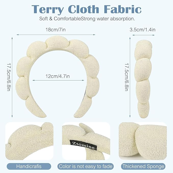 Skincare Headband, Set of 2 - Terry Cloth Face Wash Headband Combo Pack - Puffy Makeup Headbands for Face Washing, Mask (beige + black)