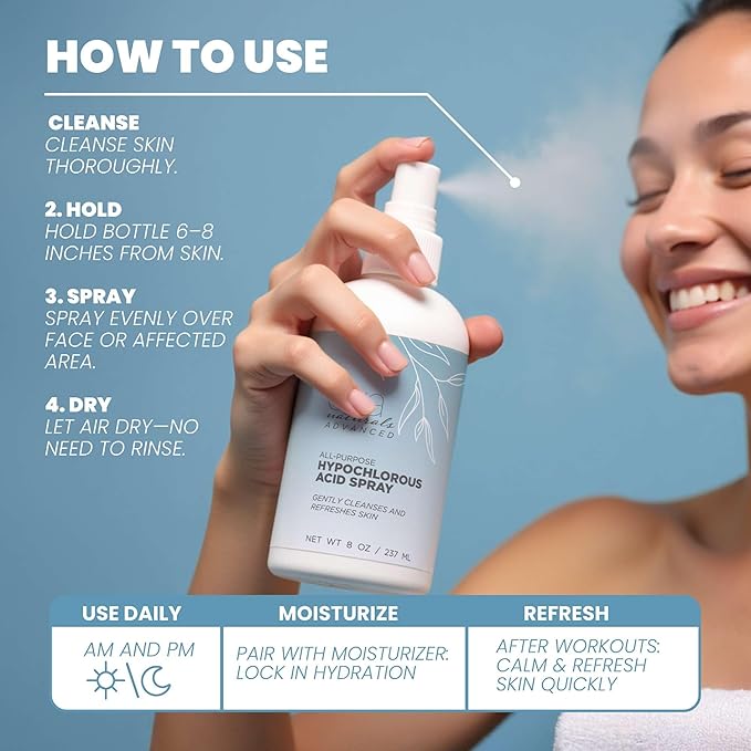 Hypochlorous Acid Spray for Face & Body, HOCl Facial Cleanser Mist with Electrolyzed Water, Daily Toner Formula for Sensitive & All Skin Types, Helps Reduce Redness, Irritation, Breakouts
