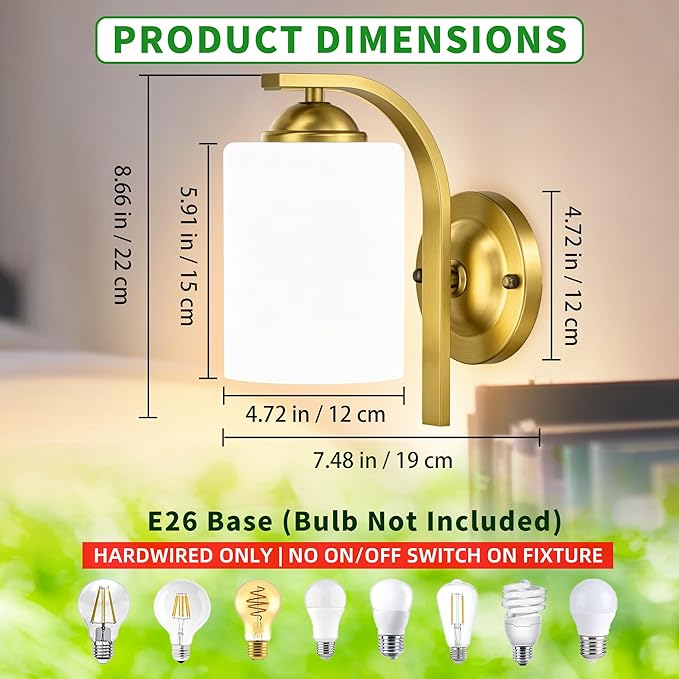 2-Pack Wall Sconces for Bedroom and Bathroom, Gold Farmhouse Wall Light Fixtures with Glass Shade, Modern Vanity Wall Lamps for Living Room, Hallway, Kitchen
