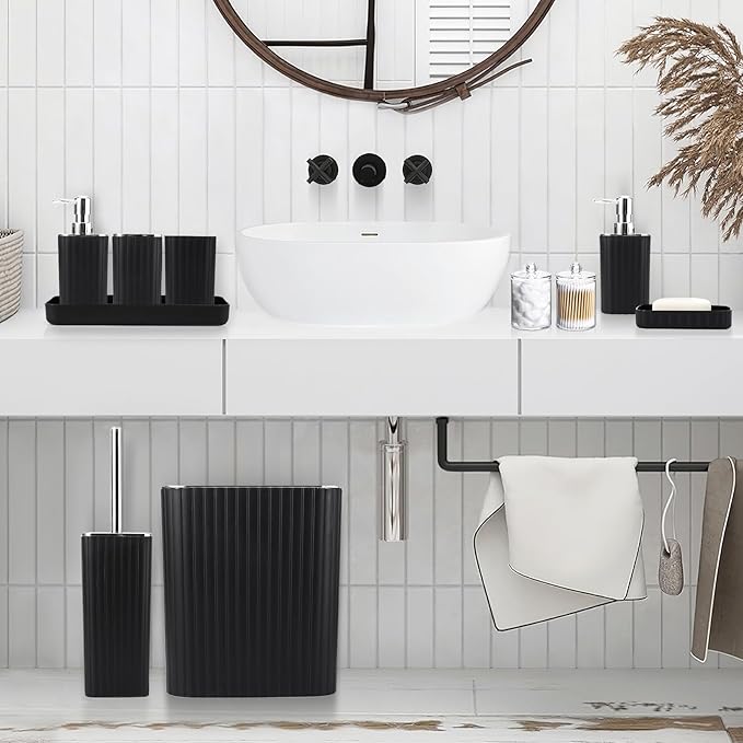 Bathroom Set with Shower Curtain and Rugs- 25PC Bathroom Accessory Set, Black Bathroom Set, Toilet Brush, Trash Can, Qtip Holder & Soap Dispenser