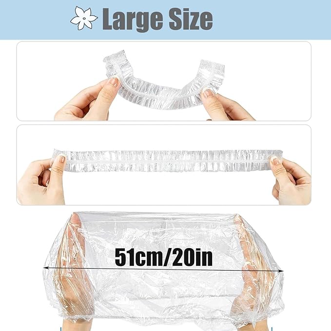 100pk Disposable Shower Caps LARGE SIZE 50cm/20in Unisex Plastic Hair Caps for Deep Conditioning Shower Cap Reusable Waterproof for Women Men Thin Design