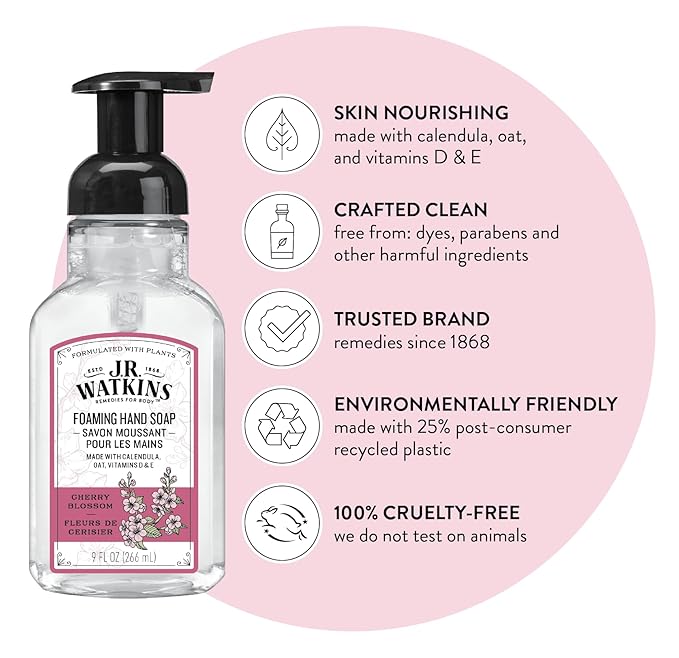 J.R. Watkins Foaming Hand Soap Pump with Dispenser, Moisturizing Foam, Alcohol-Free, Cruelty-Free, Use as Kitchen or Bathroom Soap, Fleurs de Cerisier/Cherry Blossom, 9 fl oz, 3 Pack