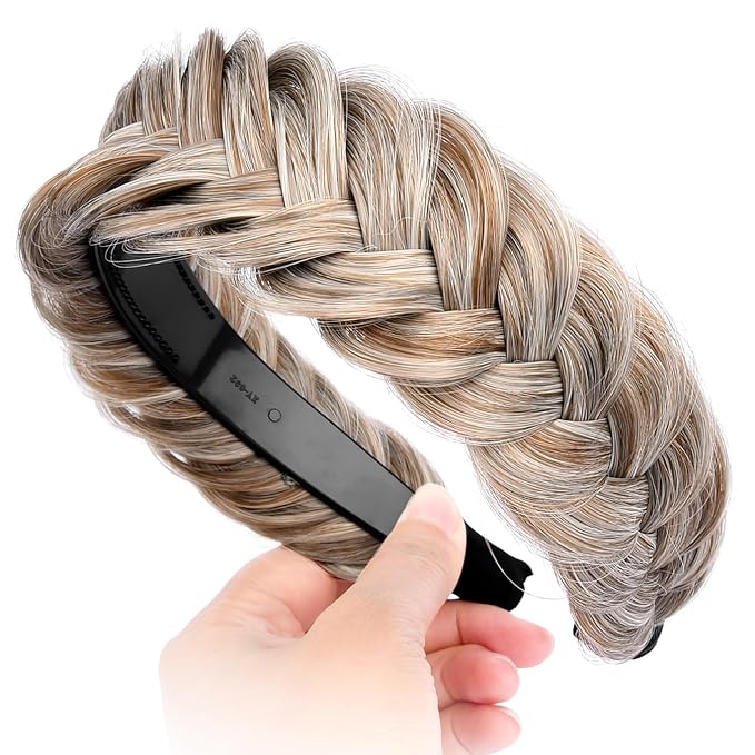 DIGUAN Wide Messy Braided Headband With Teeth Synthetic Hair Plaited Headband High Elasticity Braids Chunky Fishtail Braided Hair Band Hairpiece for Girls Women Beauty Accessory (White Gray Brown)